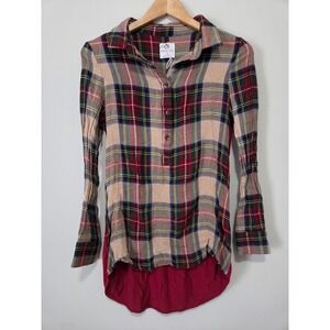 Marleylilly Plaid High Low Tunic Top‎ Womens Small Burgundy Check Long Sleeve